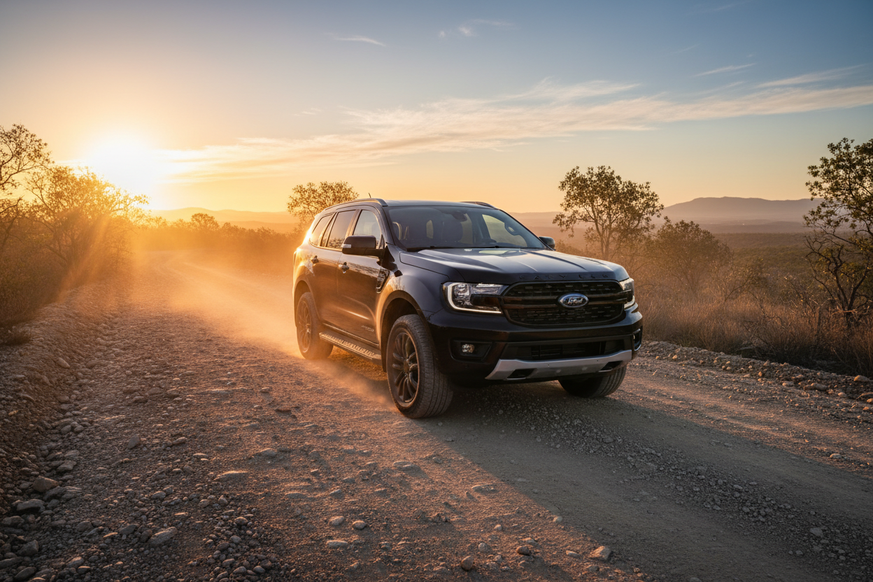 2024 ford everest black. photo taken on a dirt road at sunrise