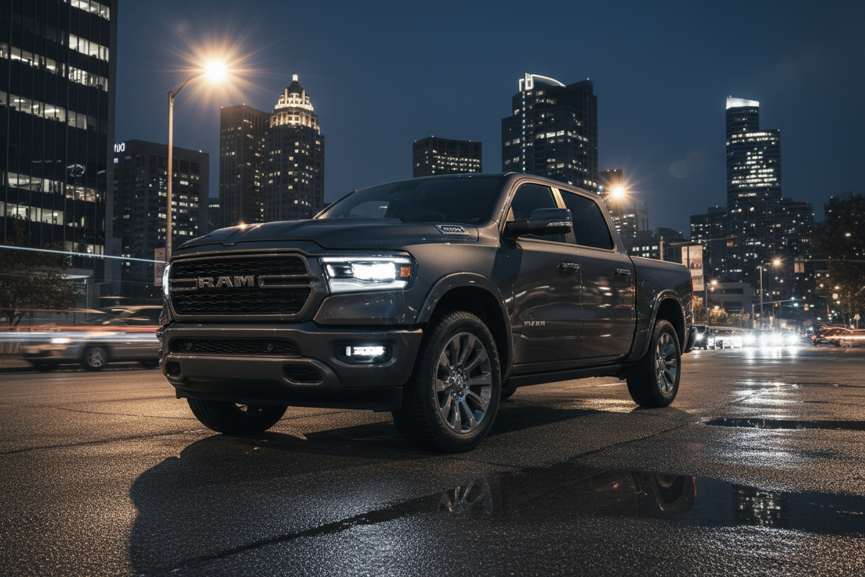 2025 dodge ram 1500 dark grey. photo taken at night
