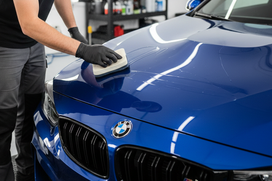 A car detailer applying ceramic coat to a sporty bmw 