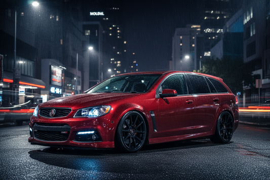 holden ve ss sports wagon. lowered. photo taken at night. dark red colour